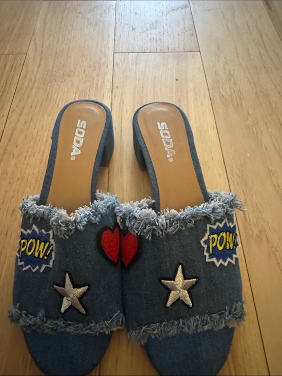 Soda Shoes - Soda Blue Denim Mule Slides with Red Heart & Silver Stars